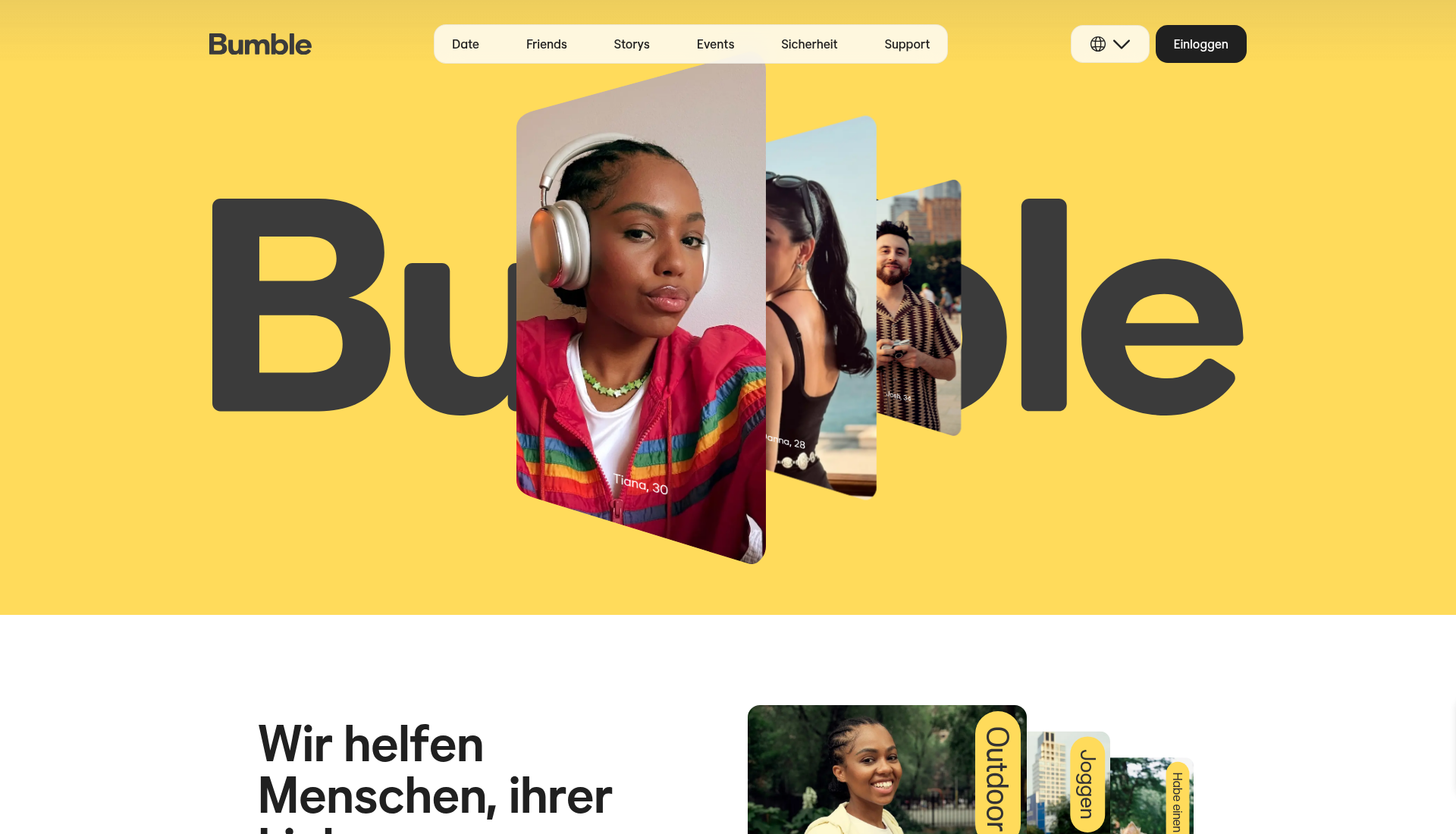 Bumble dating app screenshot 2026 — oversigt med kvinden-skriver-først koncept