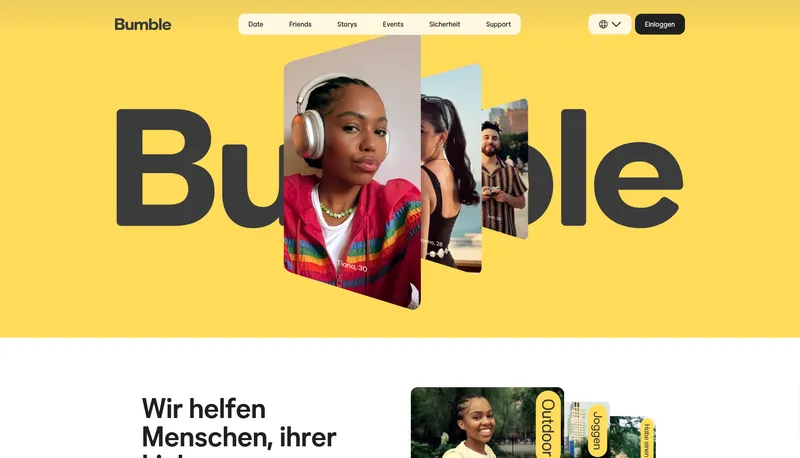 Bumble dating app screenshot 2026 — oversigt med kvinden-skriver-først koncept