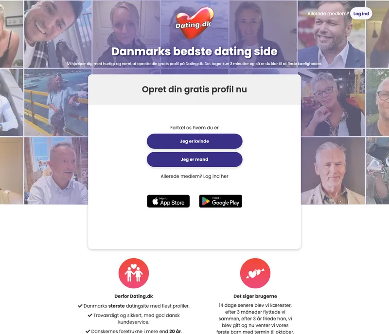 Dating.dk hjemmeside screenshot 2026 — Danmarks ældste datingside